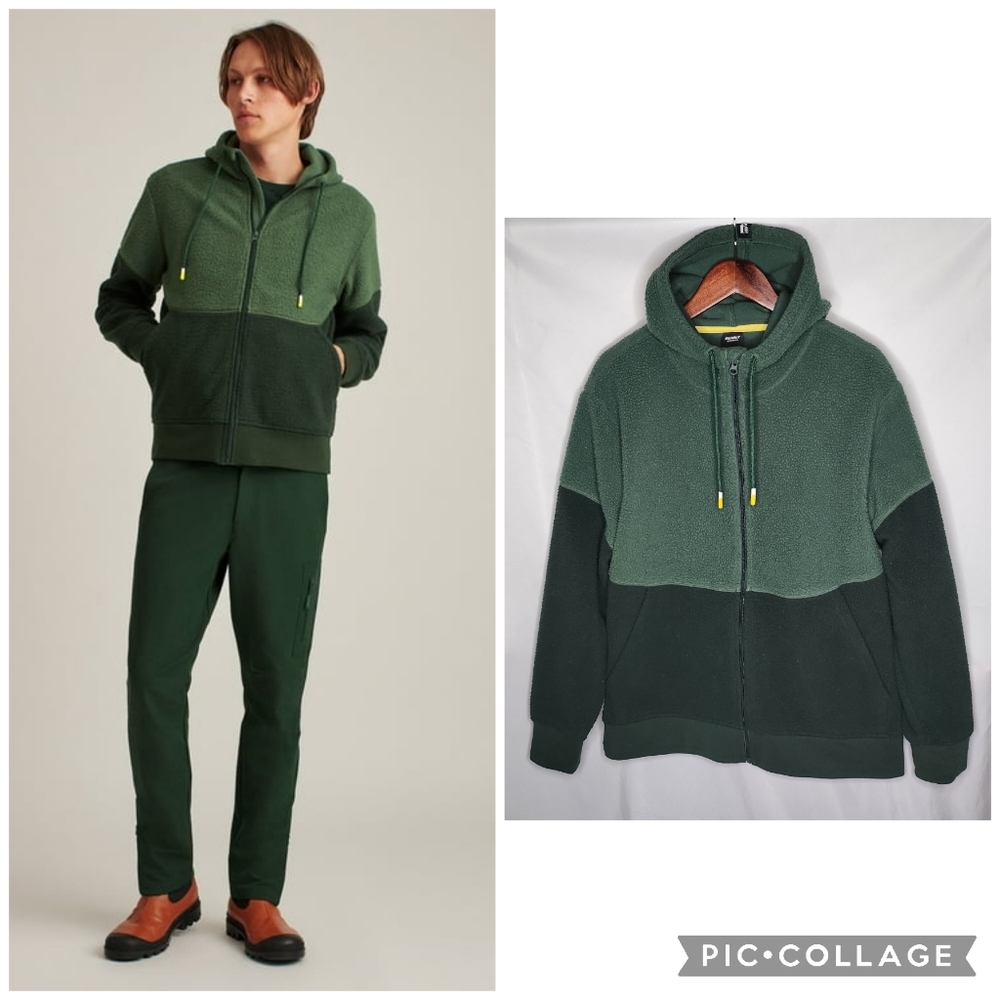 Mens Bonobos Fielder Pine Green Color Block Sherpa Fleece Full Zip Hoodie Size L